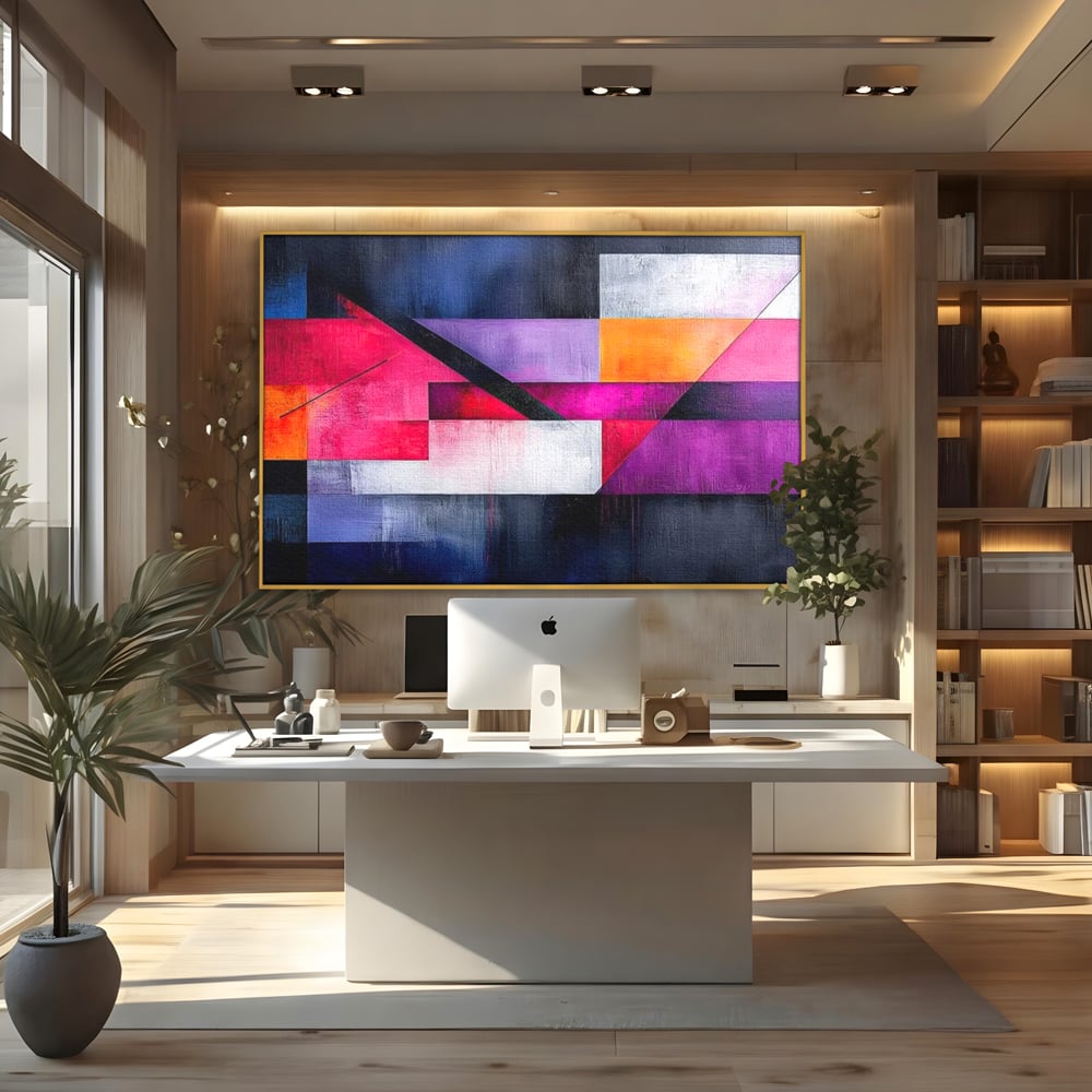 Tablou canvas cu tablou canvas cu compozitie geometrica abstracta, in rama de aluminiu auriu, pe perete intr-un birou